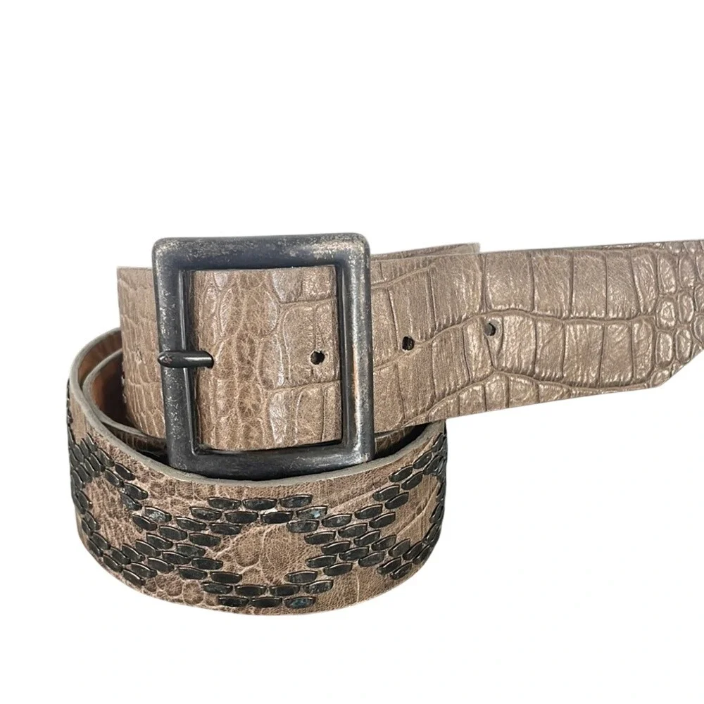 Calleen Cordero‎ Studded Croc Embossed Leather Belt Taupe Brown Handmade USA